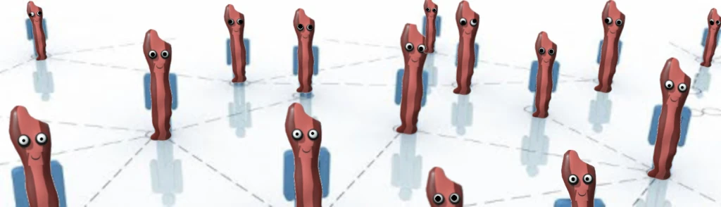 MMM-Bacon.Net happy googly-eyed bacon strips standing together in a friendly mesh network